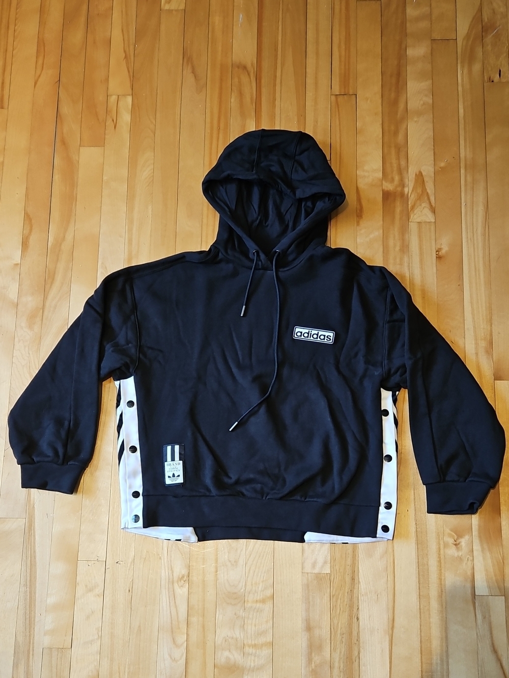 adidas Black Crewneck Hoodie with White Snap Trim